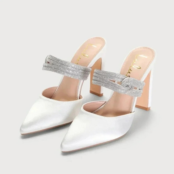 NWOT Lulus‎ Celines White Satin Rhinestone Pointed-Toe Mule Pumps - Picture 1 of 7